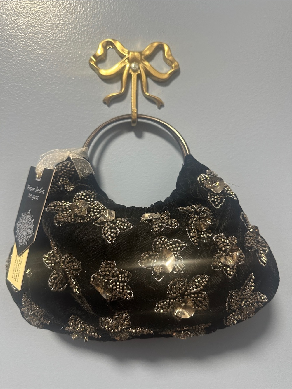 NWT Beaded Black Evening Clutch with Gold Accents